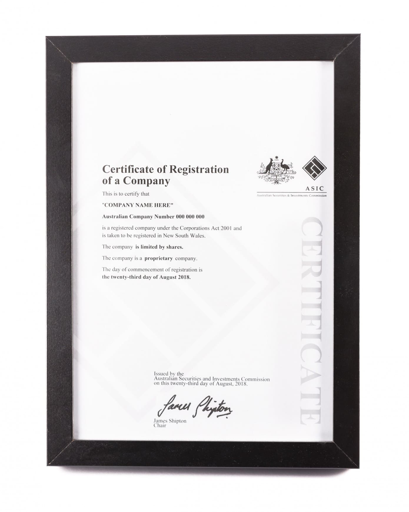 Framed Business Registration Certificate | Easy Companies